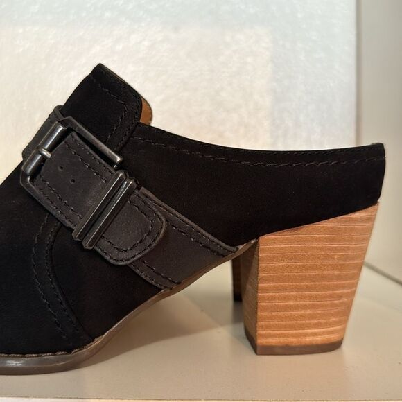 Vionic Black Suede Block Heel Mules Buckle Slip On Comfort Shoes Minimalist - Picture 7 of 14